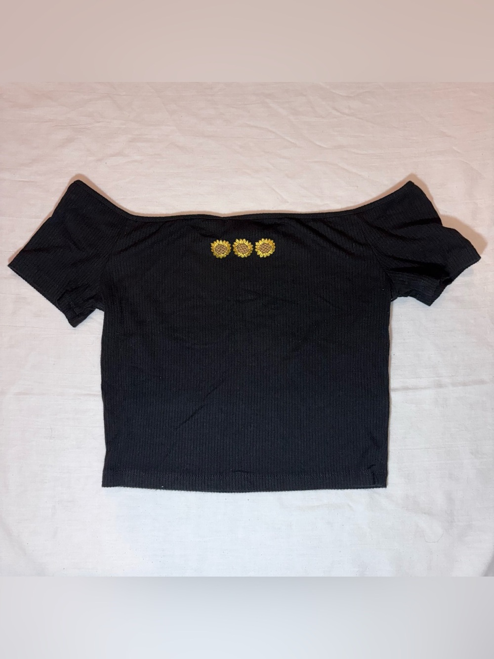 Forever 21 Black Off-Shoulder Crop Top with Yellow Sunflower Embroidery